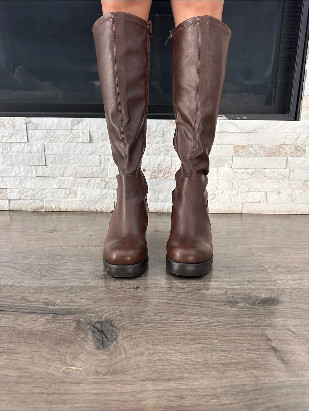 Classic Women's Knee-High Brown Pleather Boots